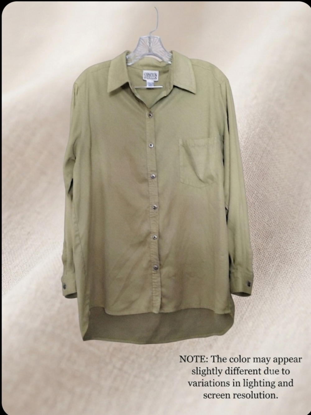 Chico's Design Olive Green Microfiber Button Down Shirt Size 2 Larg.